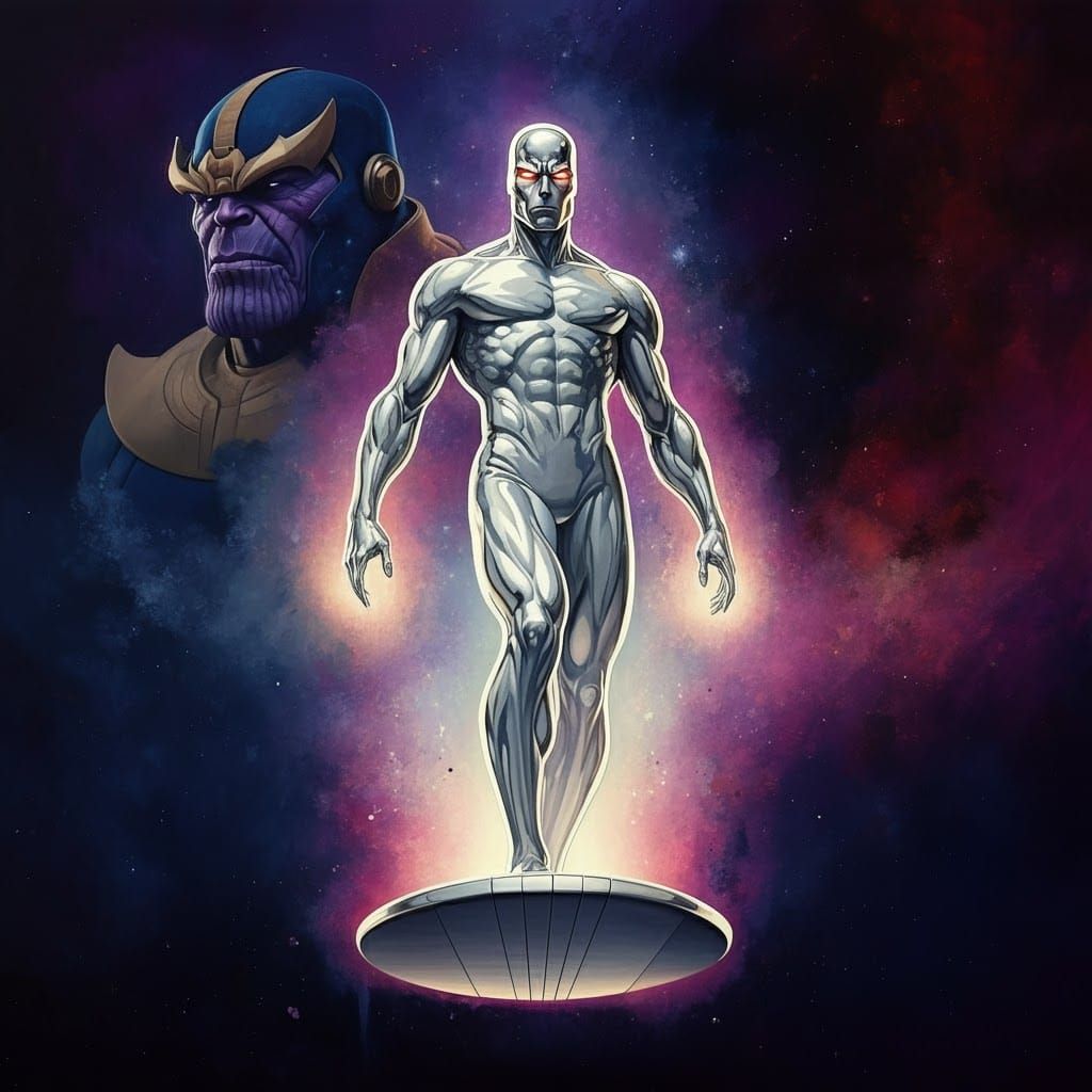 Silver Surfer Cosmic Energy with Thanos in Background