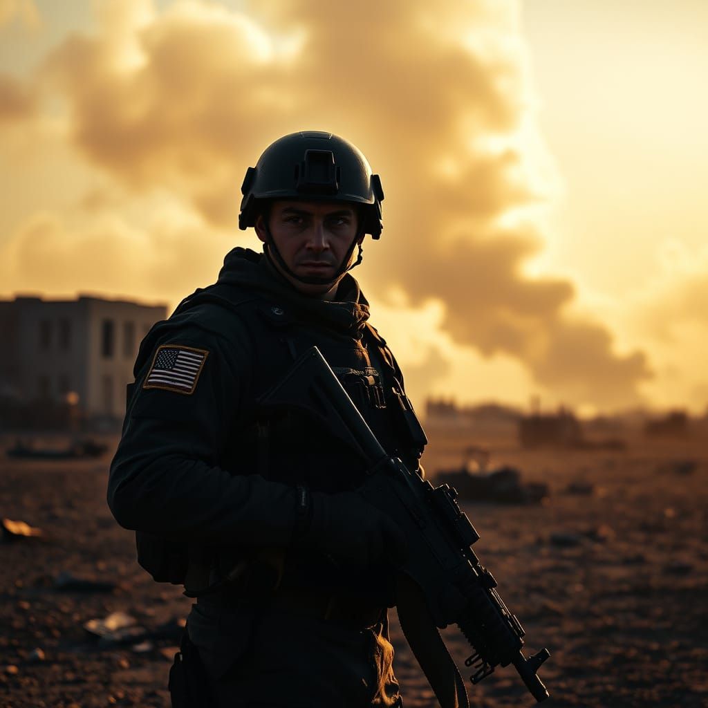 Gritty Soldier Stands Tall in War-Torn Landscape as Dawn Bre...