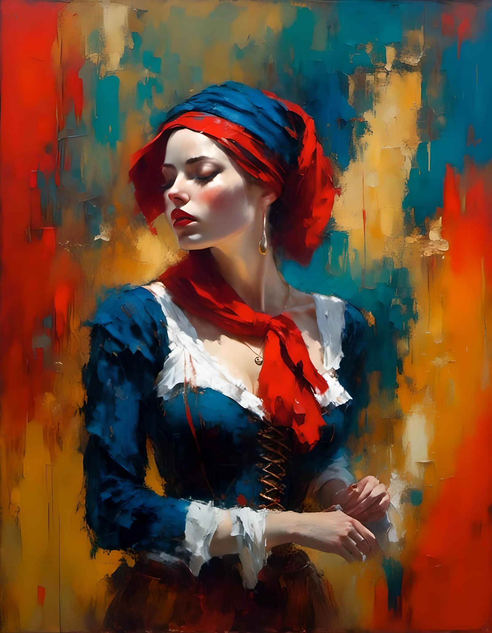 Vintage Impasto Painting of a Woman in Red