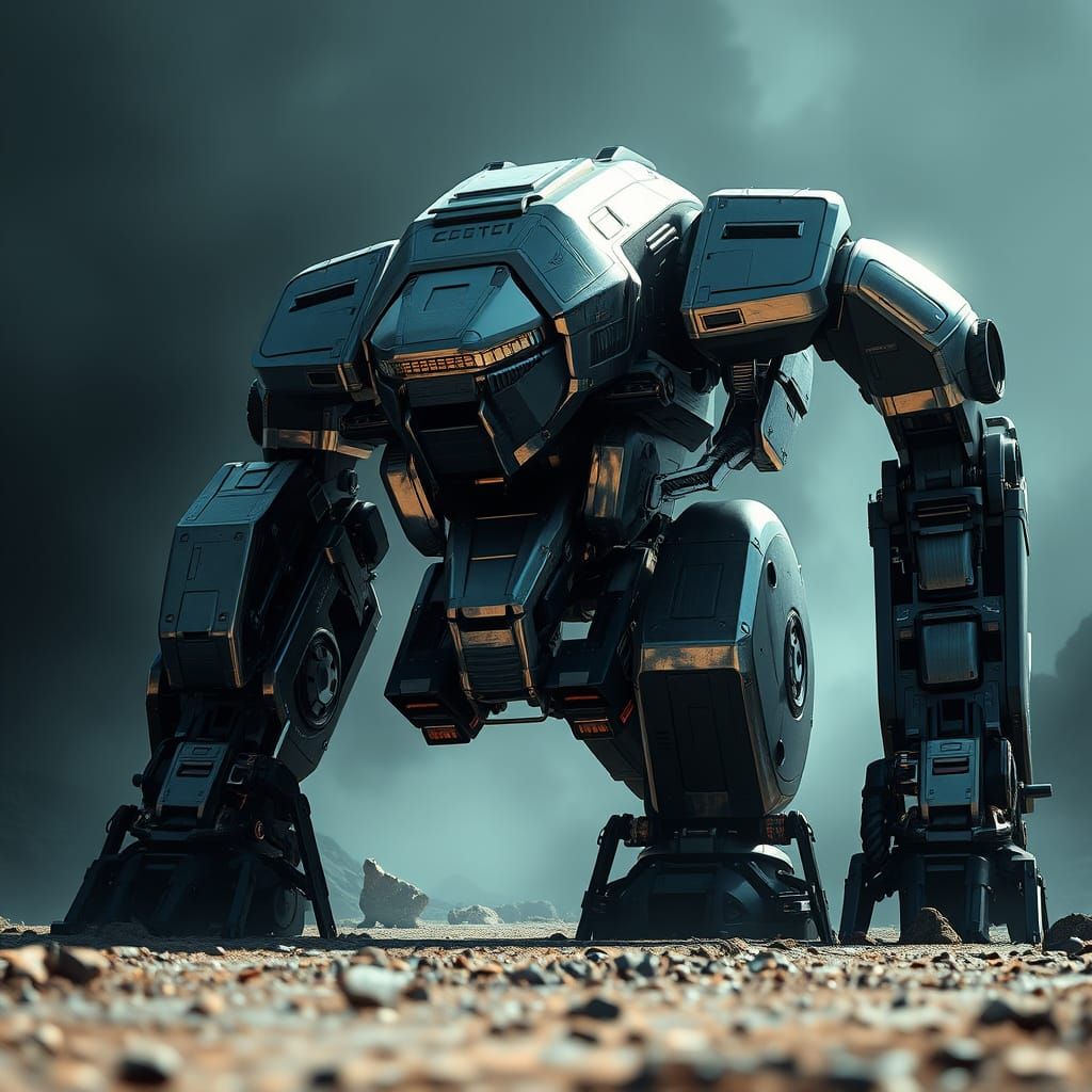 Cyberpunk Mech Emerges from the Shadows in a Futuristic Land...