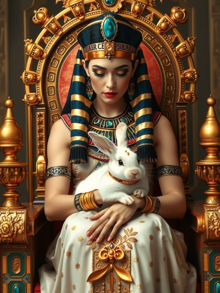 Egyptian Queen on Golden Throne with Adoring White Rabbit