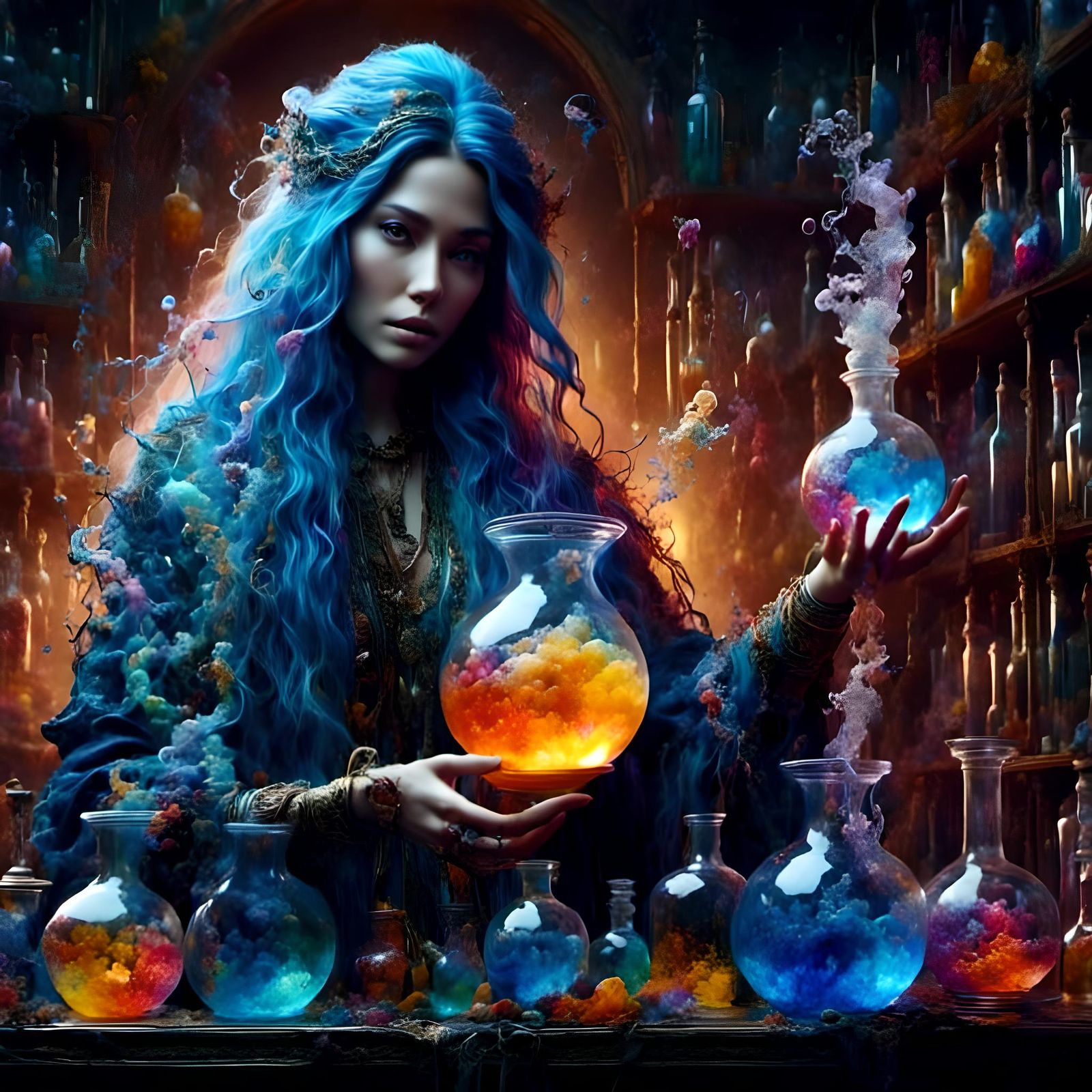 Sorceress Mixing Colorful Magic Potions