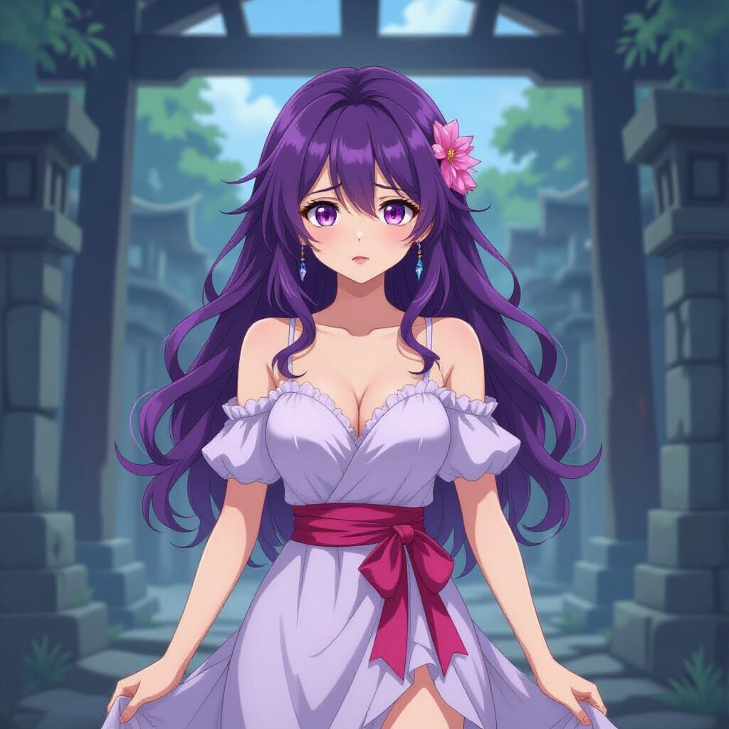 Anime Woman with Purple Hair in Flowing Dress