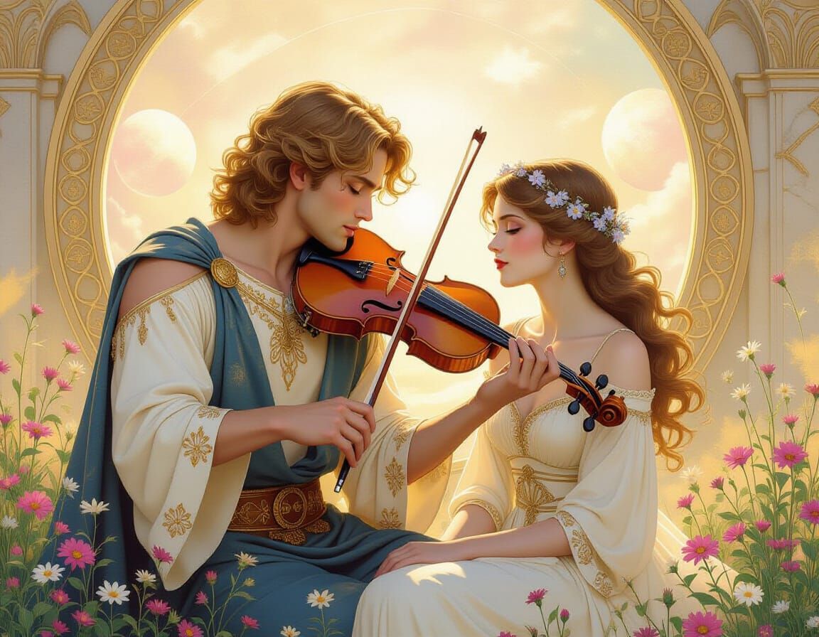 Orpheus Plays Lyre for Eurydice in Watercolor Sketch