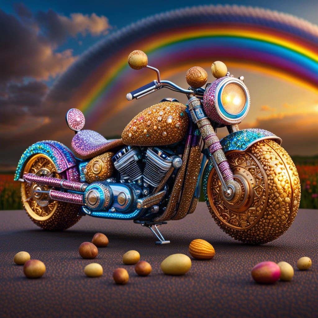 Potato Motorcycle with Glittering Rainbow Sky