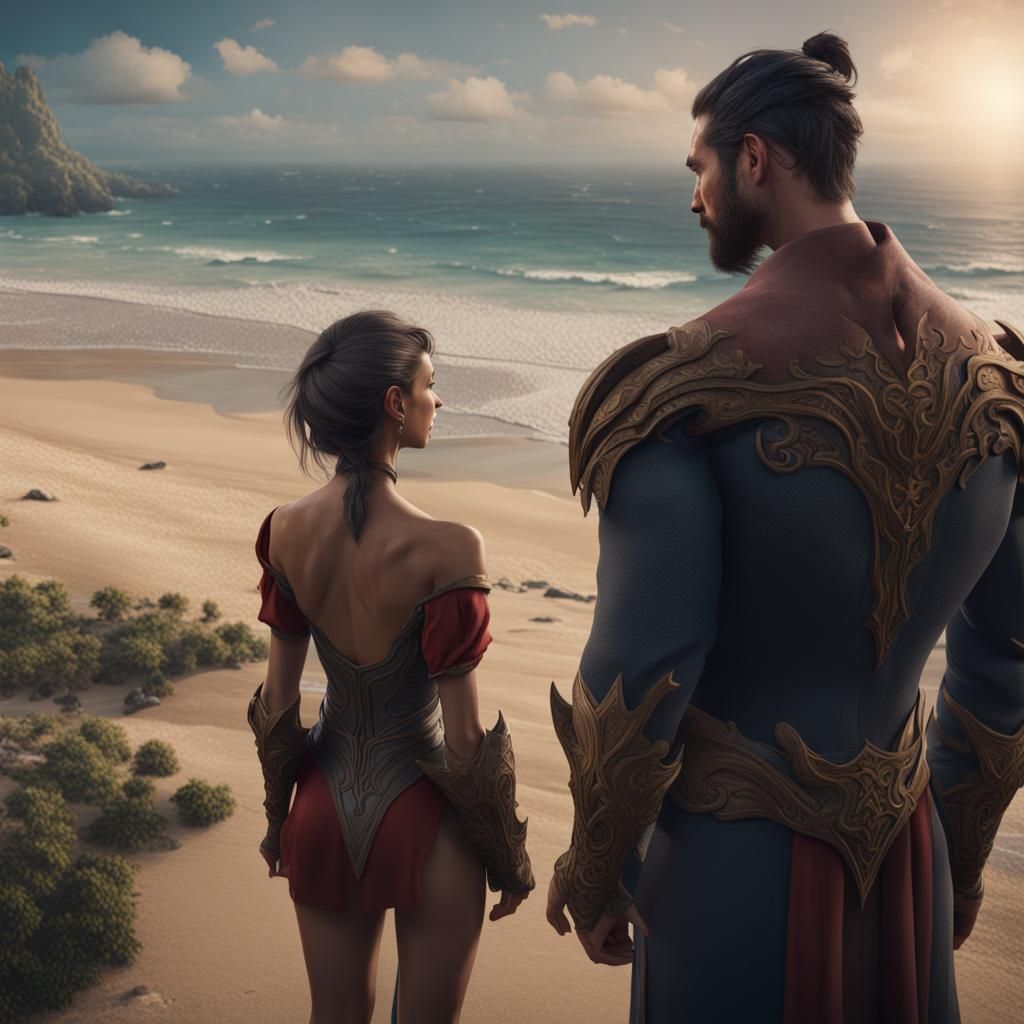 Romantic Couple Overlooking Beach: Cinematic Digital Art