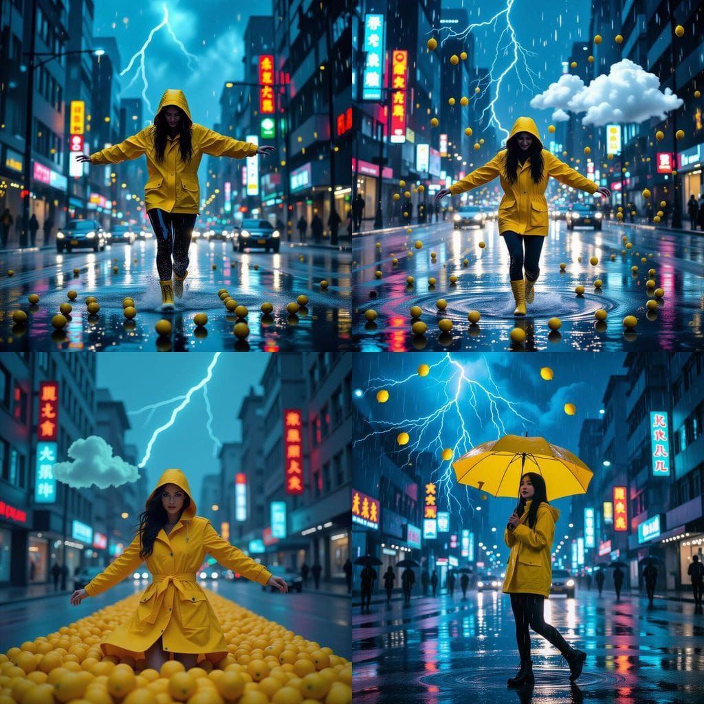 Woman Dancing in Lemon Rain, Cinematic Film Still