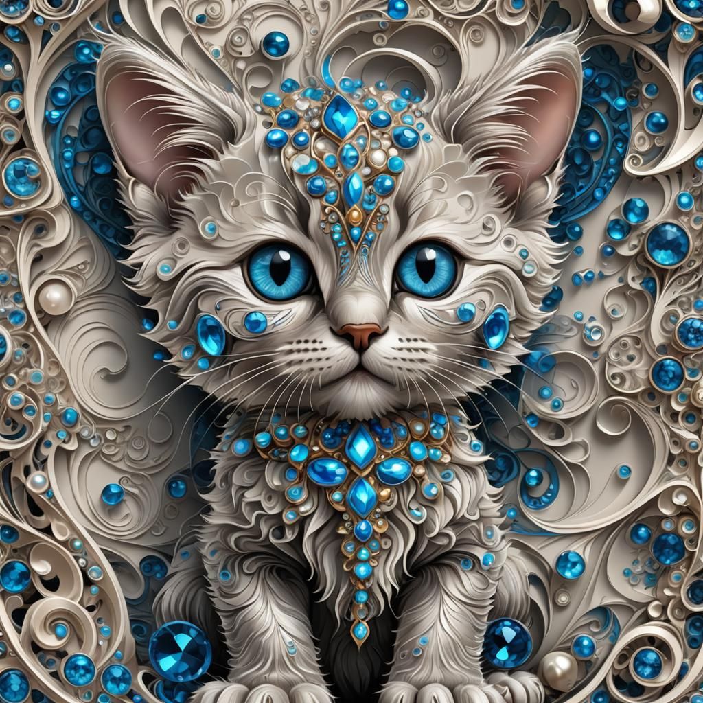 Jeweled Kitten with Blue Eyes in 3D Shading