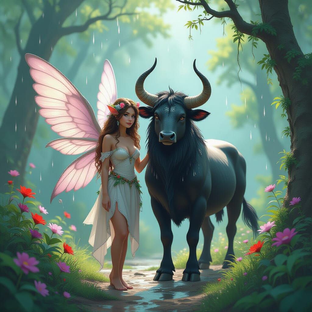 Winged Satyr and Minotaur in Dreamy Forest
