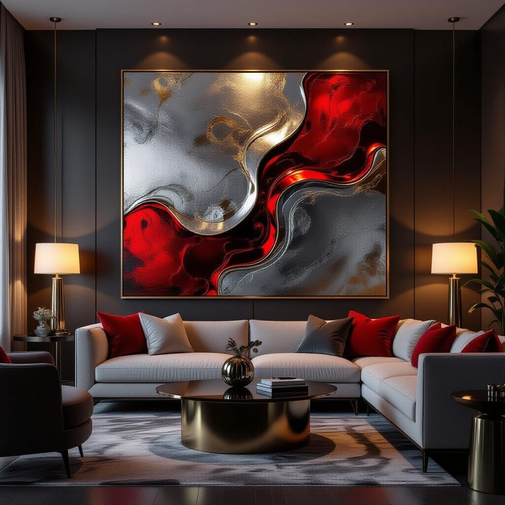 Abstract Metallic Painting in Luxurious Living Room