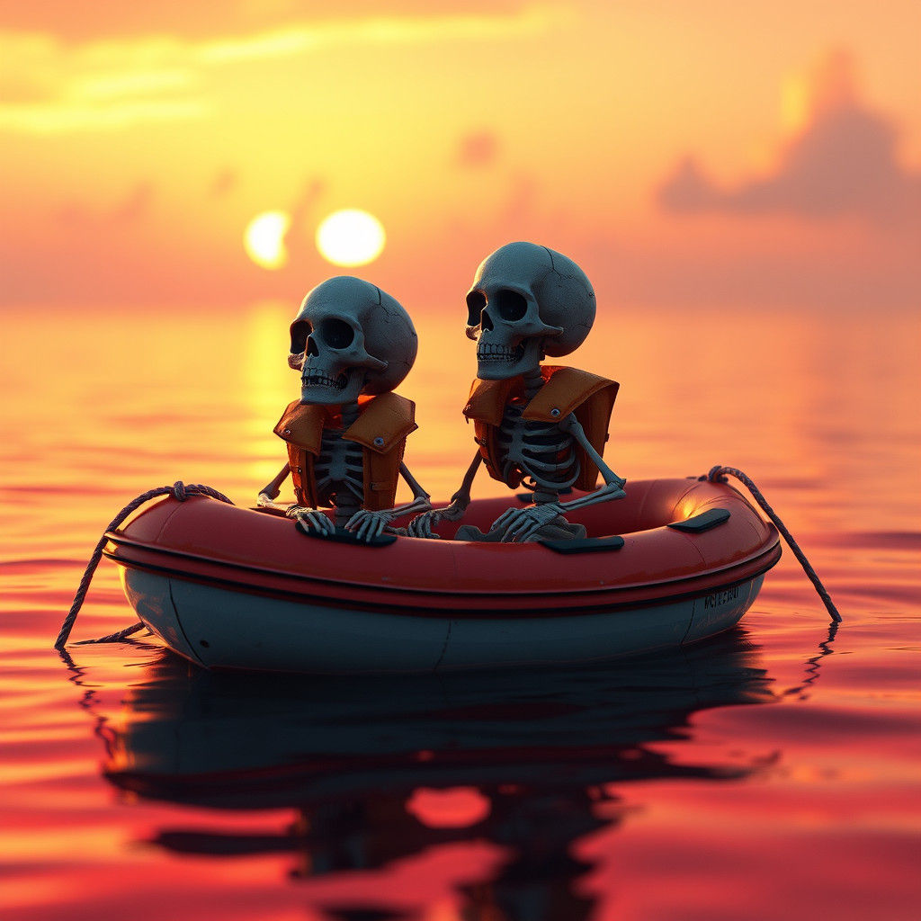 Cute skeletons are sitting inside an inflatable life boat. Floating on the blood ocean at sunset. Hyperealistic.