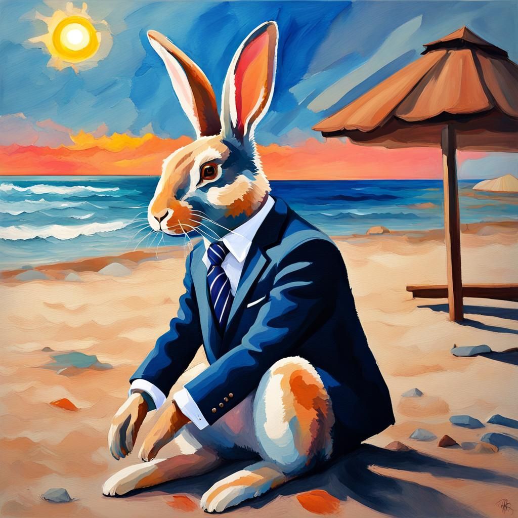 Rabbit in Suit: Impressionist Beach Sunset
