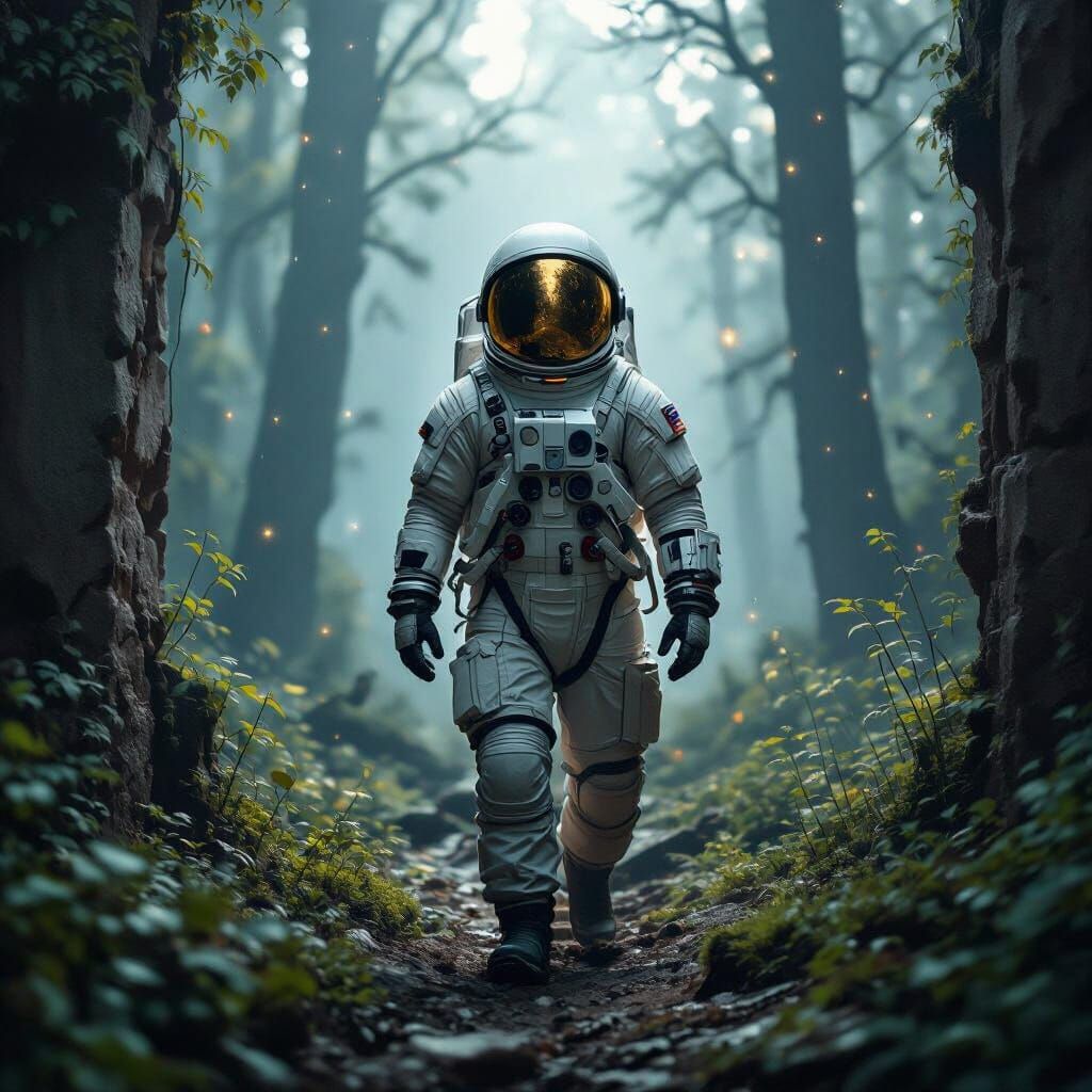 Astronaut in Overgrown Ruins with Mystical Forest Background