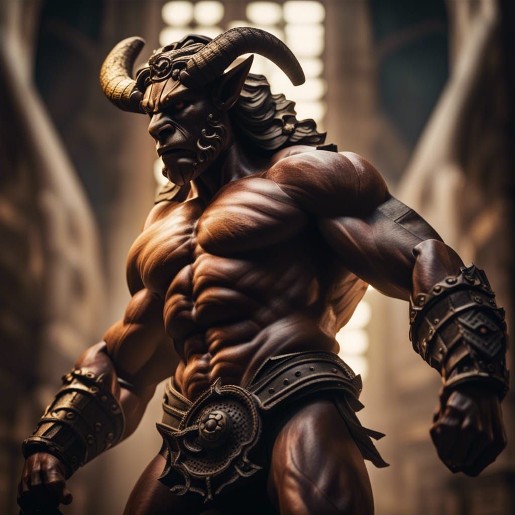 Muscular Minotaur in Labyrinth: Detailed 4K Mystical Image