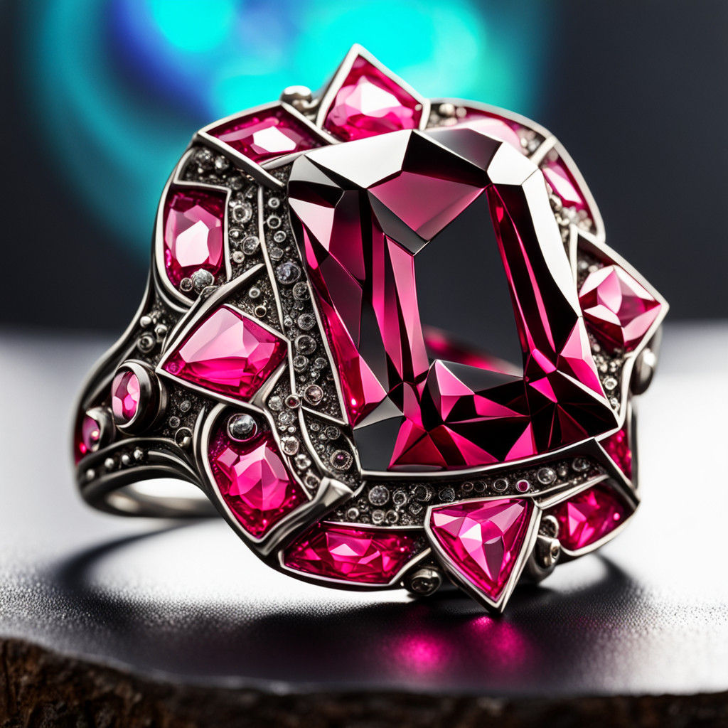 Garnet and Hot Pink Engraved Gem in a Mysterious Sci-Fi Stil...