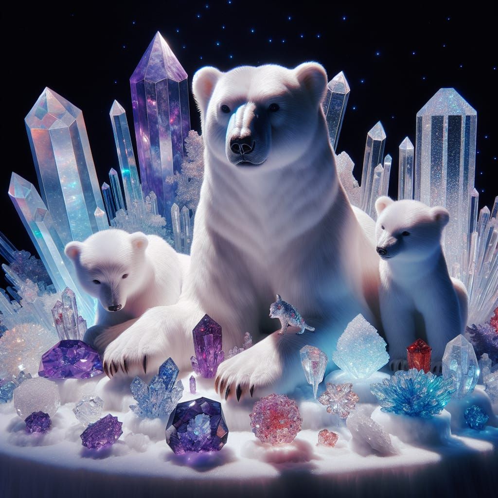 Polar Bear Family in Crystalline Landscape