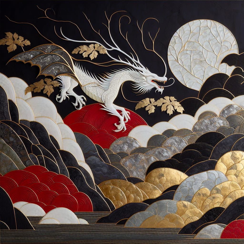 Luxurious Red Dragon amidst Leaf Foil Patterns