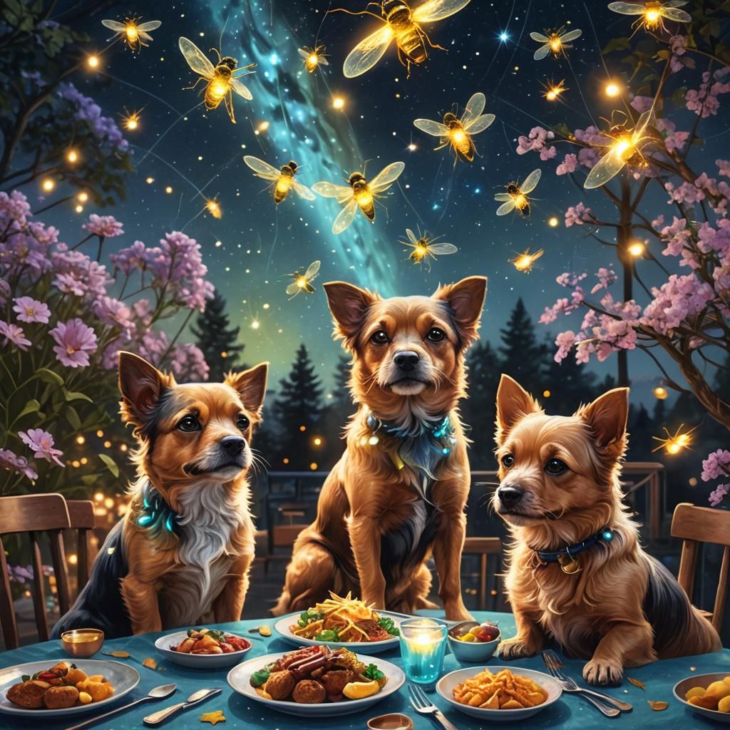 Fireflies Light Romantic Dinner Scene, Astral Illustration
