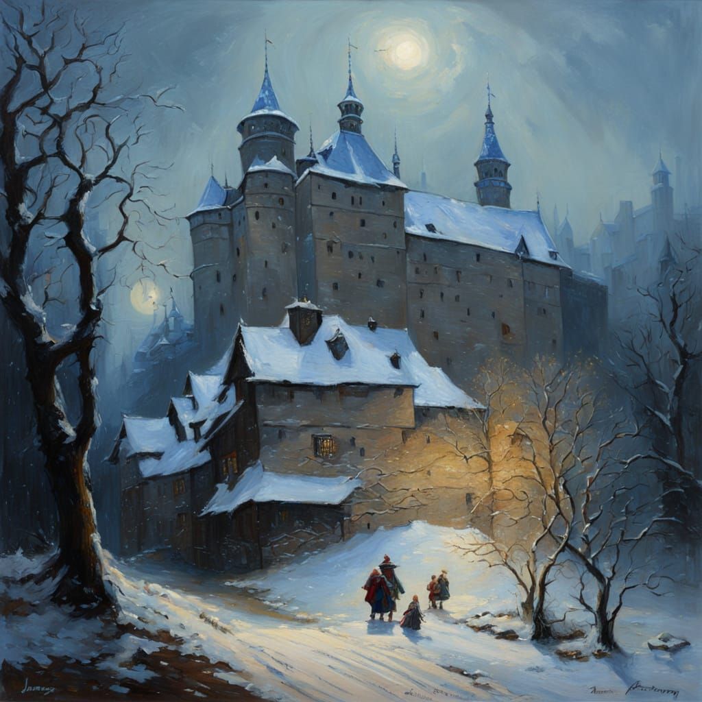 Snowy Medieval Castle Courtyard as Oil Painting