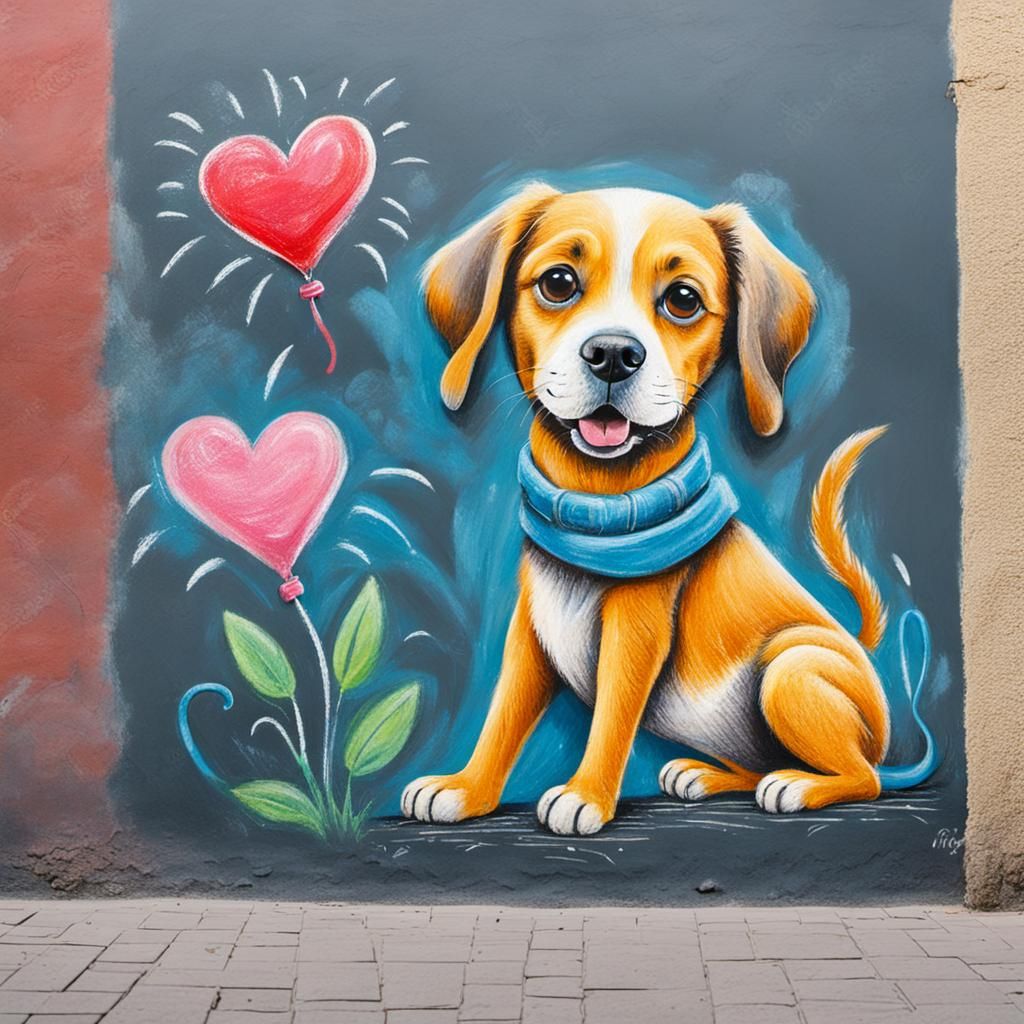 Childrens chalk art on the wall in the street, a funny dog