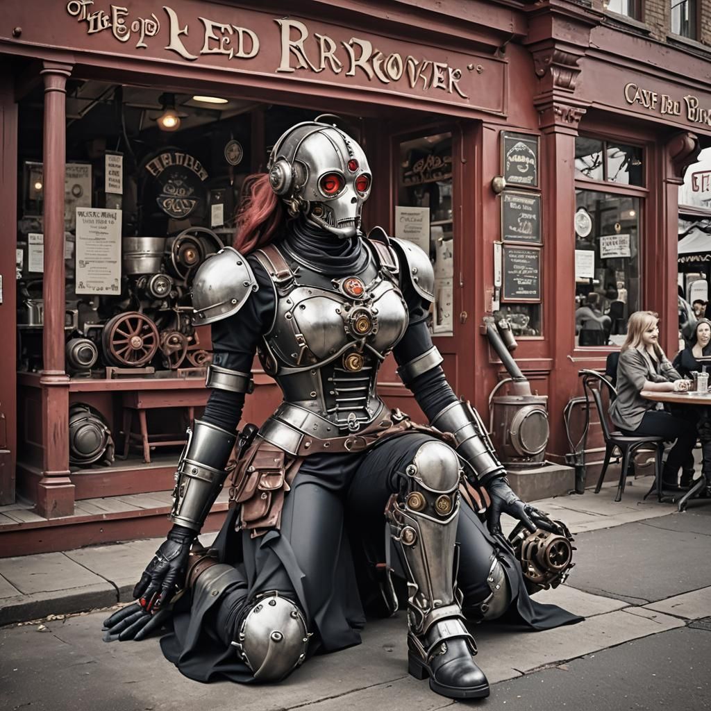 Steampunk Rubberwoman and Crusader Ghost at Cafe
