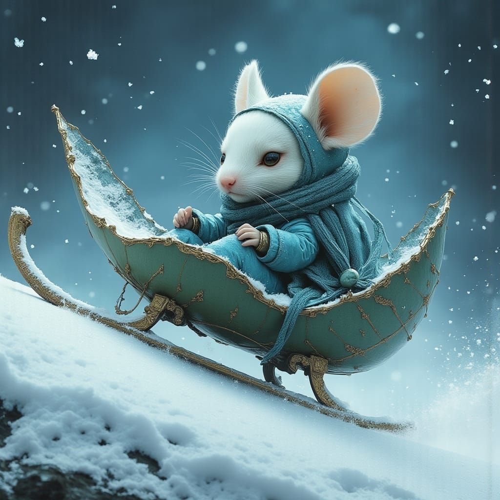 Whimsical Winter Wonderland Scene with Mouse on Leaf Sled