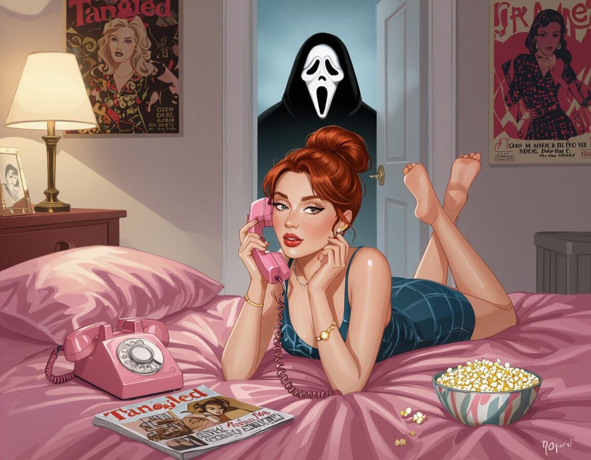 Stylish Woman with Red Hair on Pink Bed with Rotary Phone