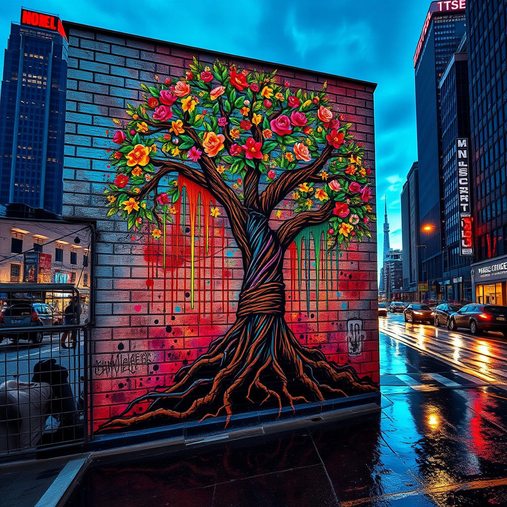 Tree of Life Mural with Neon Cityscape Reflection