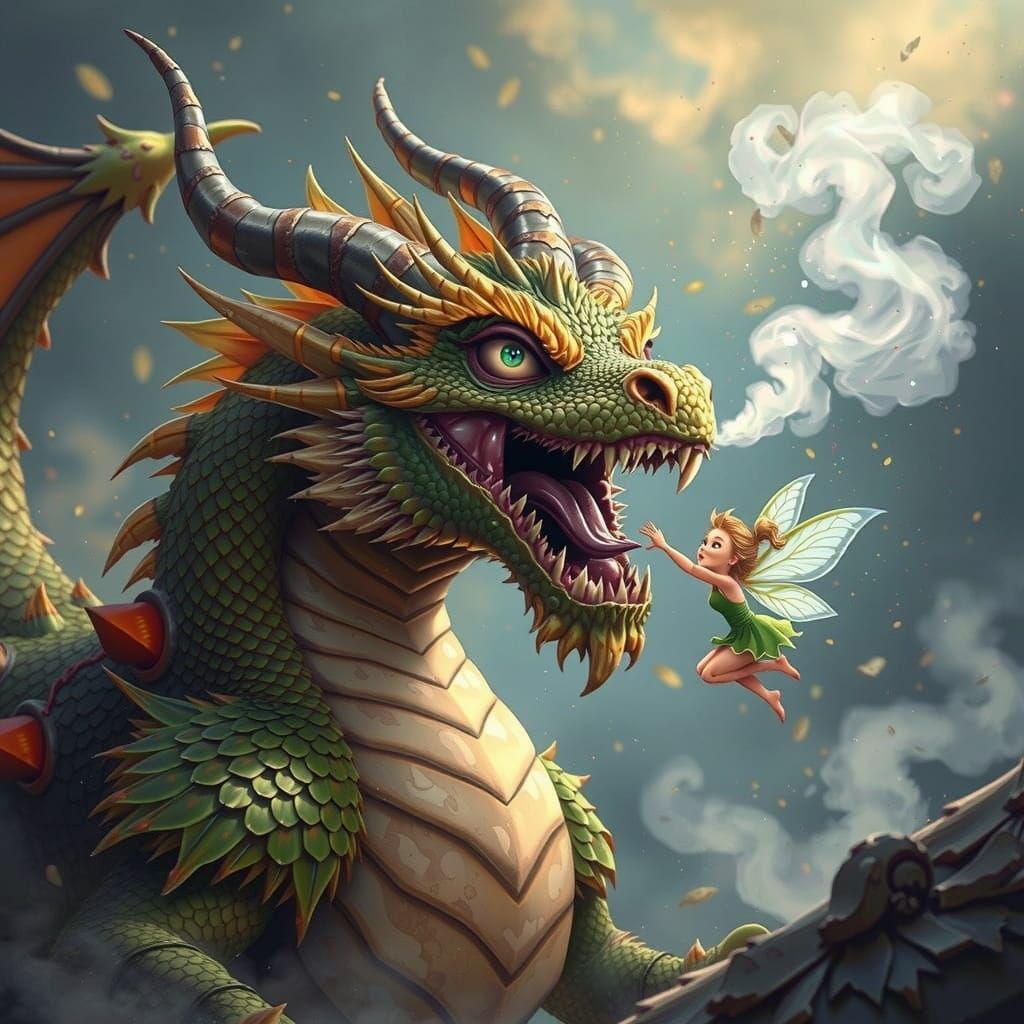 Dragon Roars as Pixie Tickles Snout in Epic Fantasy Art