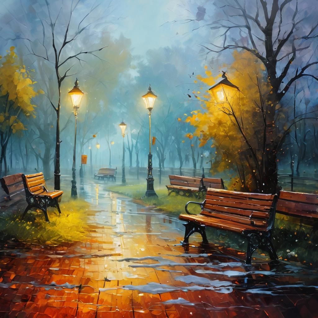 Wet Park Lanterns: Impasto Oil Painting in Earth Tones