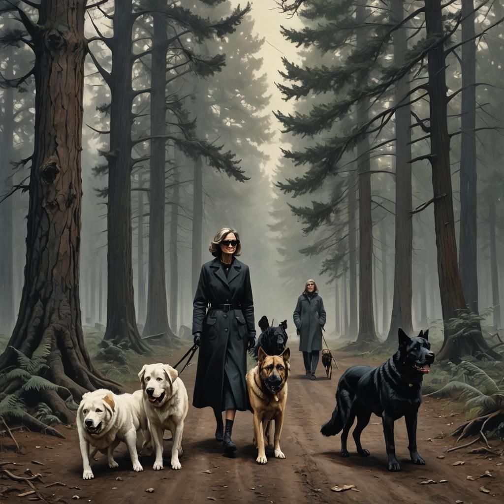 Woman with Dogs near Rehab, Dark Fantasy Style
