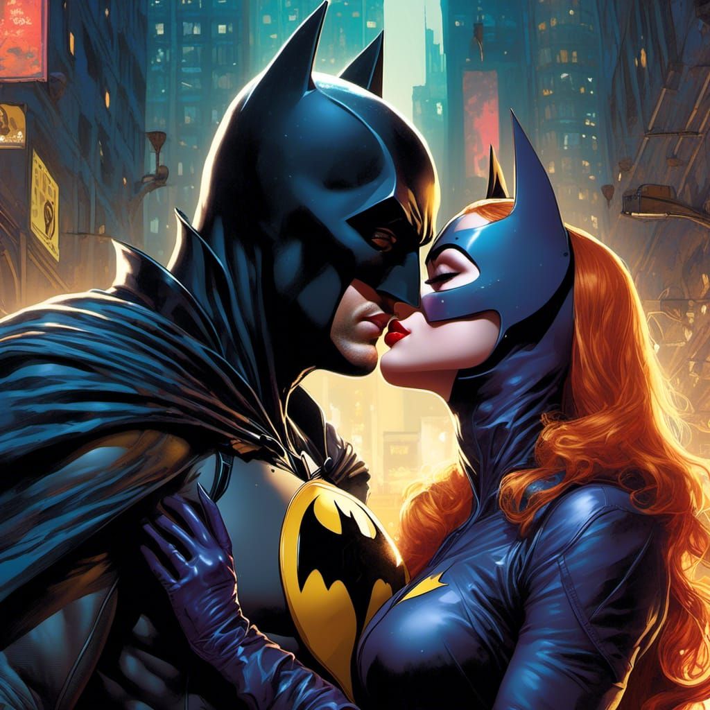 Batman and Batgirl Kissing Comic Book Style