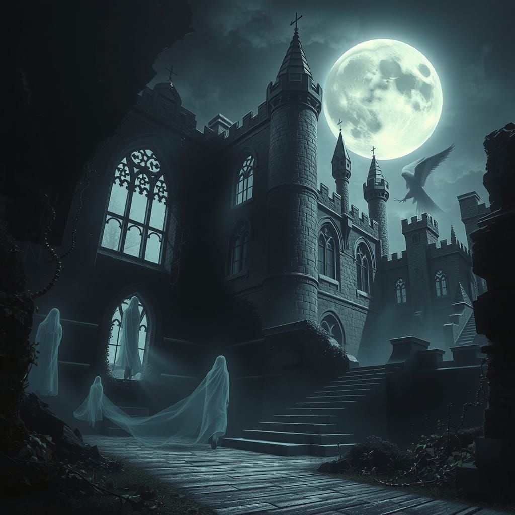 Ethereal Castle Scene in Dark Surrealism