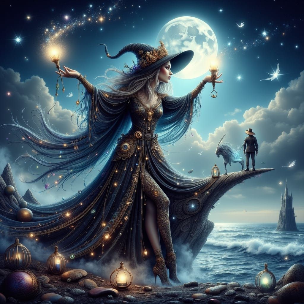 Steampunk Witch Casting Rite Under Moonlit Sky