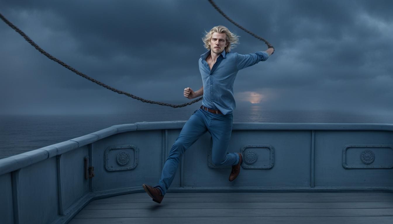 Hyperrealistic Image of Blond Man Running on Ship