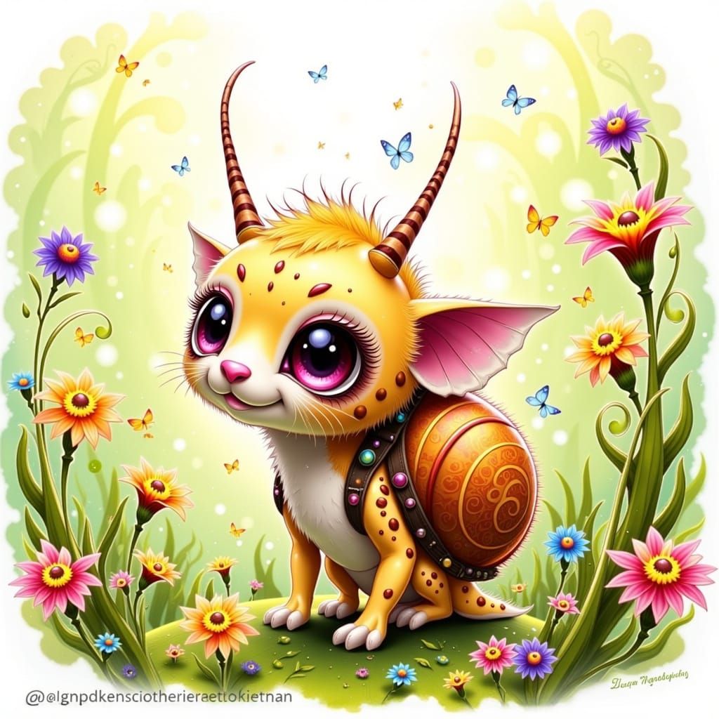Whimsical Snail-Cheetah Critter Explores Vibrant Meadow