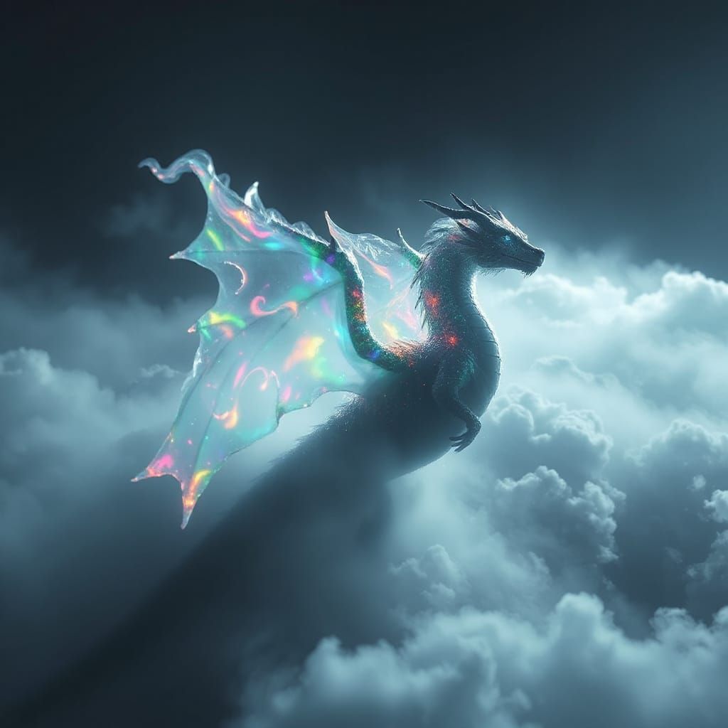 Ethereal Rainbow Mist Dragon Silhouette in Storm Sky
