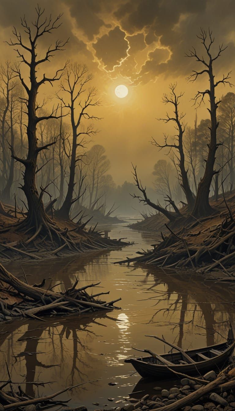 Ethereal Monstrosity in a Dismal, Yellow-Brown Landscape