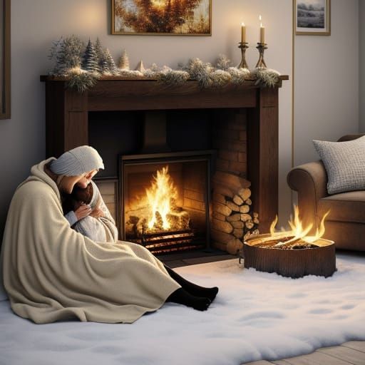 Cozy Couple by Fireplace in Winter Digital Painting