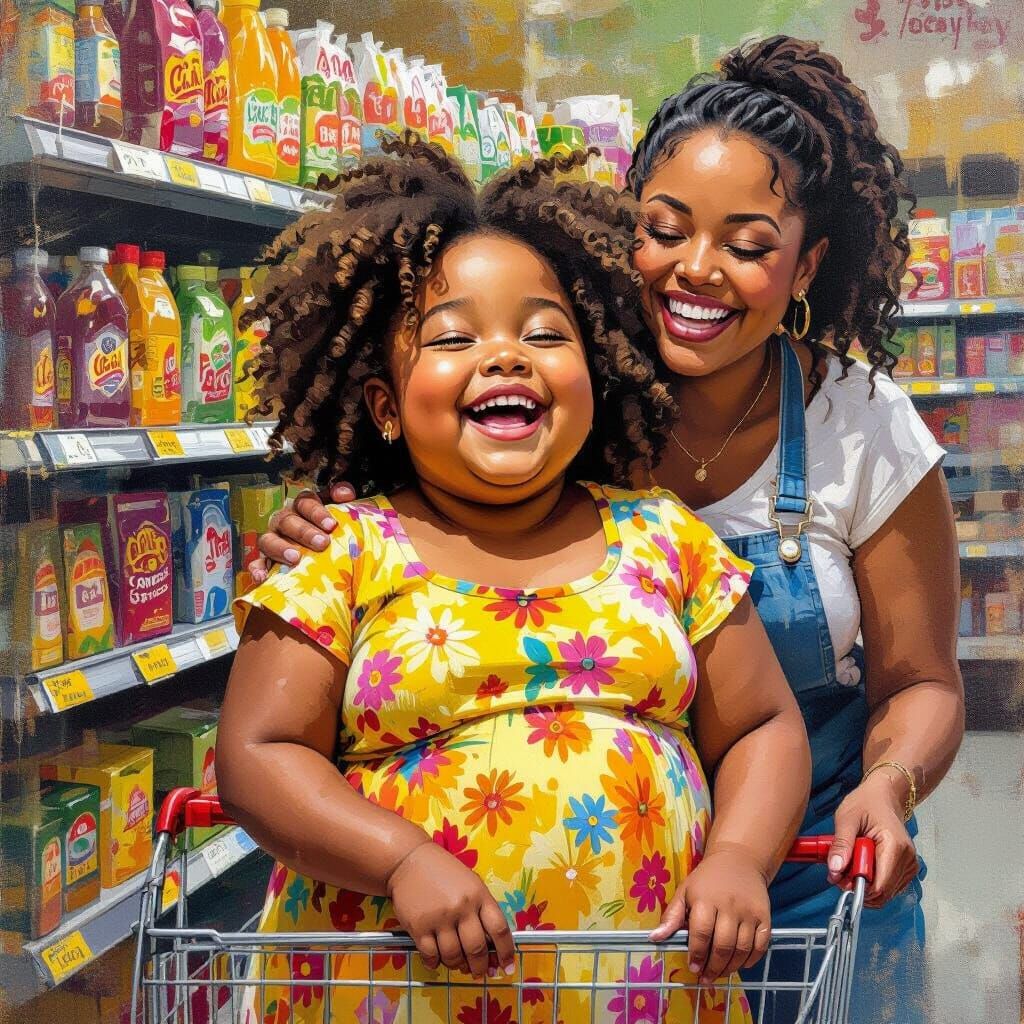 Happy Black Girl at Grocery Store with Mother