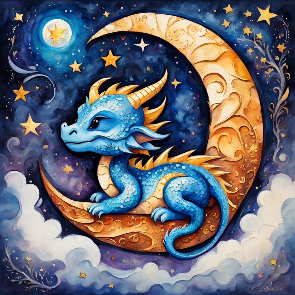 Chibi Dragon Sleeps on Carved Wooden Moon