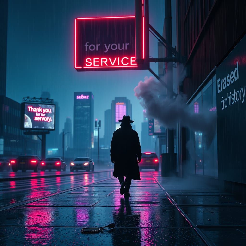 Shadowy Figure Dissolves into Pixels under Flickering Neon S...