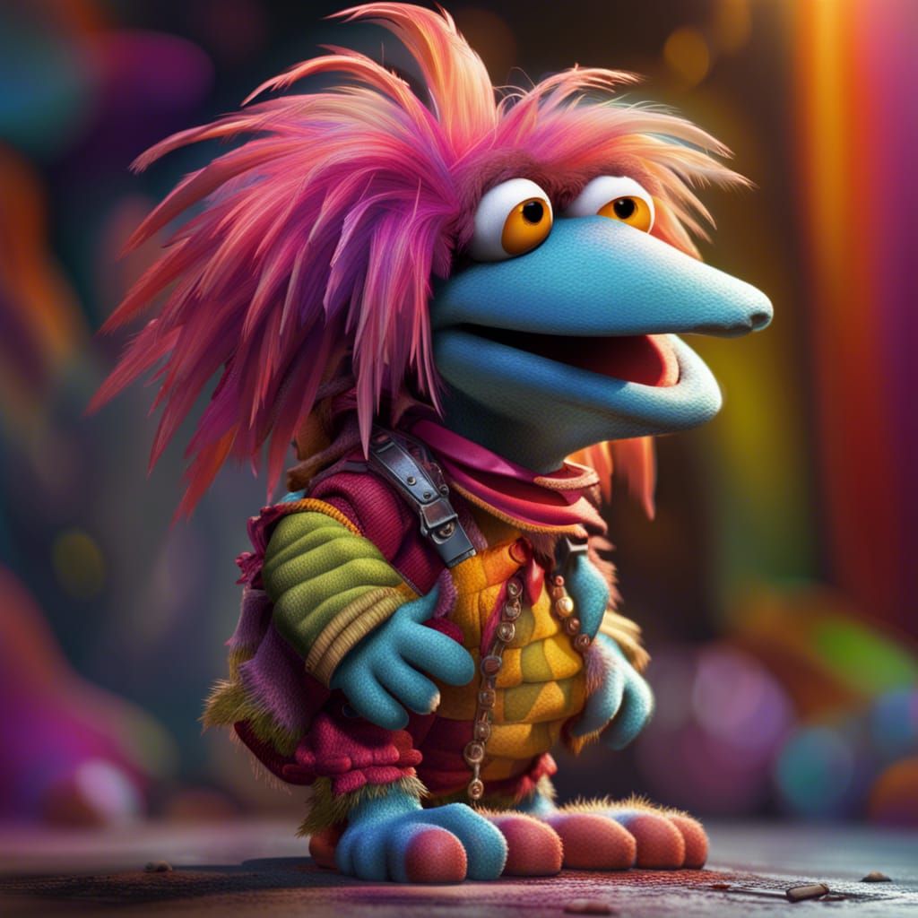 Hyperrealistic Fraggle in 80s Outfit Splash Art