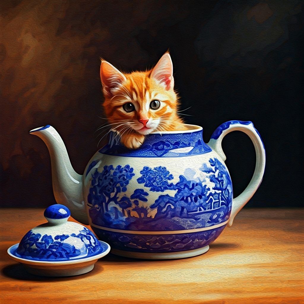 Kitten Peeking From Teapot Lid in Gouache Style
