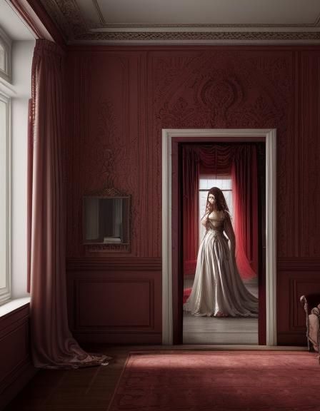 Dramatic Bride in Red Room During Thunderstorm