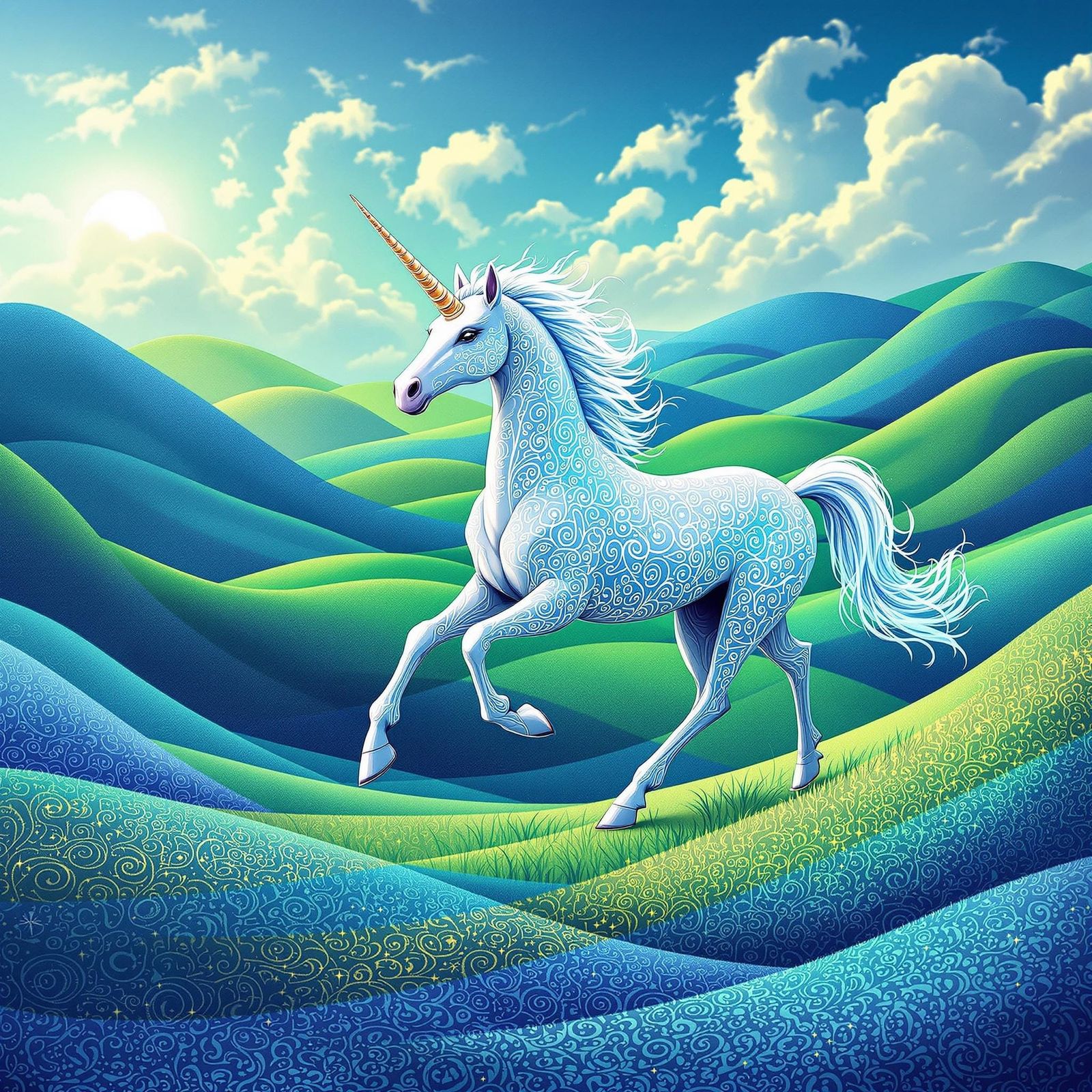Majestic Unicorn Runs Through Fractal Landscape