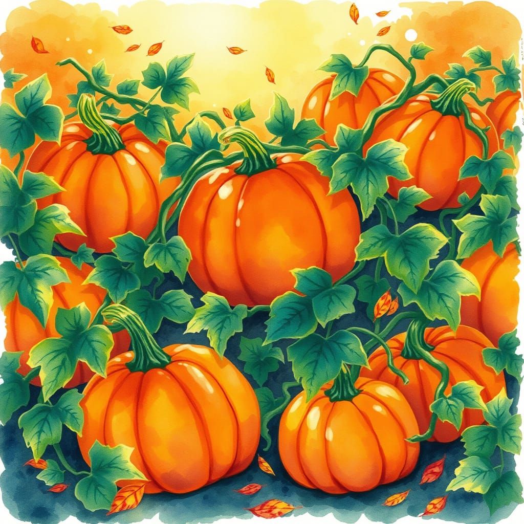 Whimsical Watercolor Pumpkin Patch in Autumn Sunlight