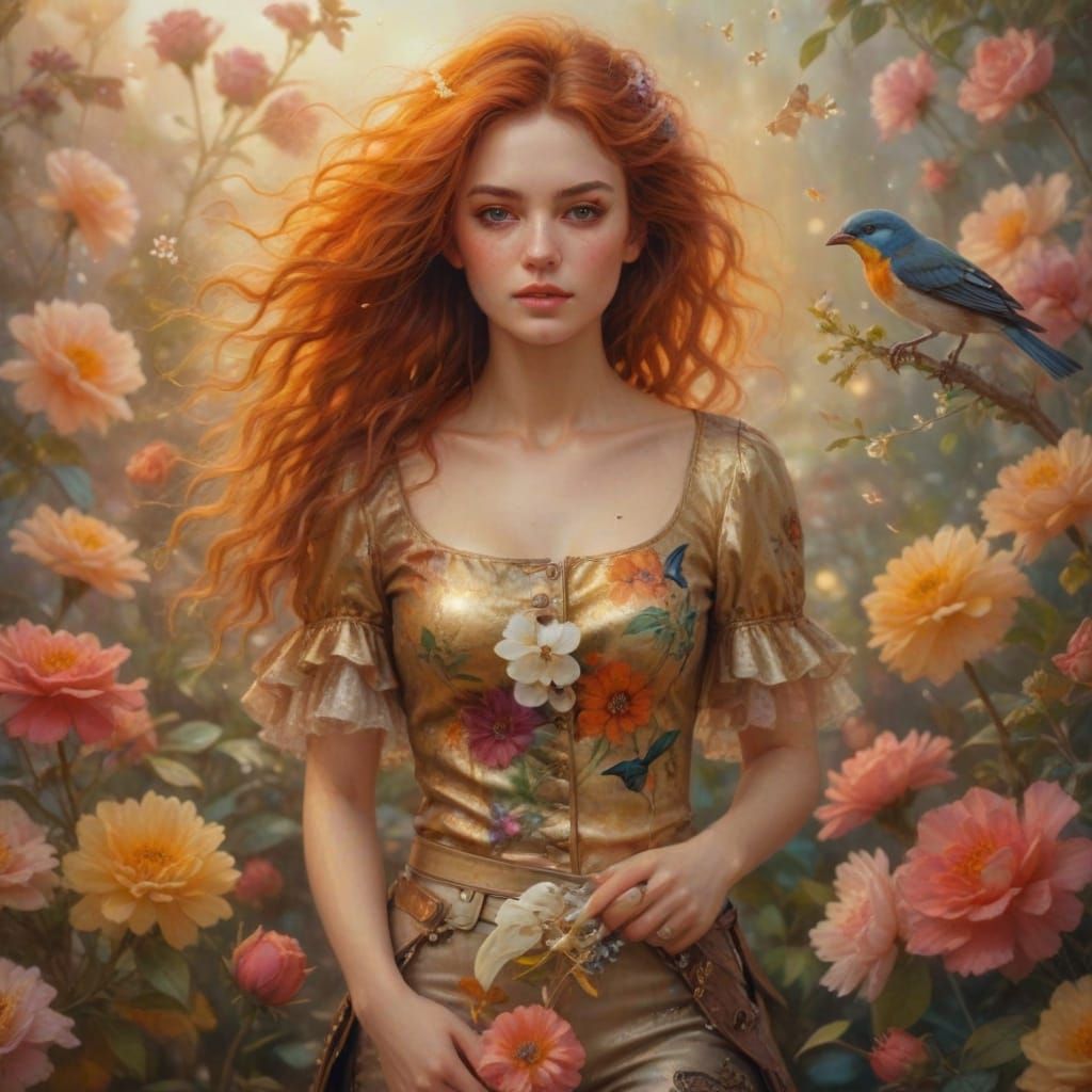 Surreal Woman in Pirate Shirt with Flowers