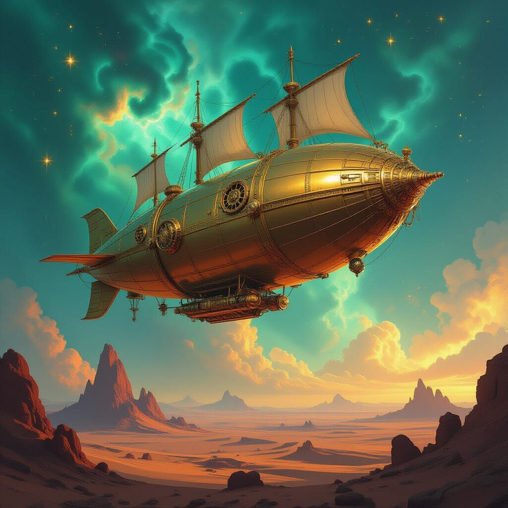 Steampunk Airship in Nebula: Brass Clockwork & Alien Desert