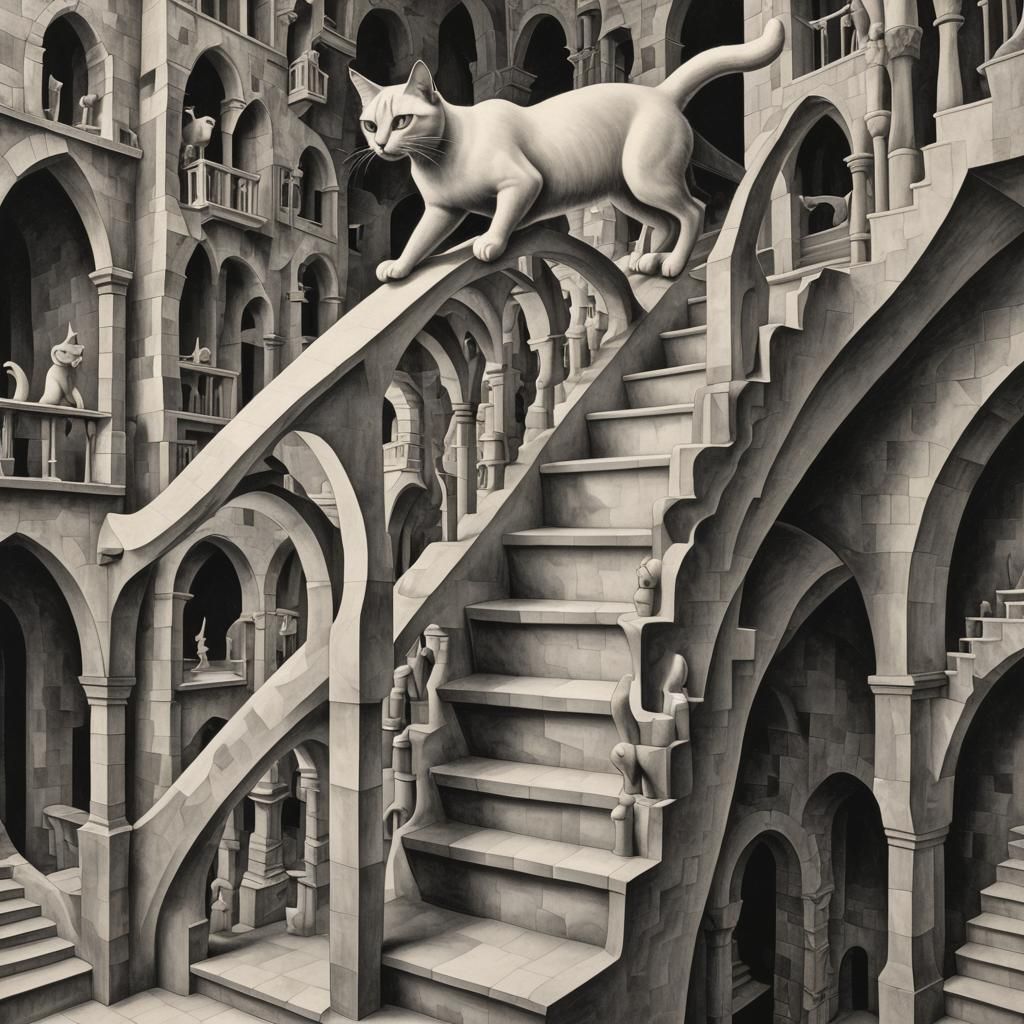 Surreal Cat Climbing Infinite Staircase in Escher Style